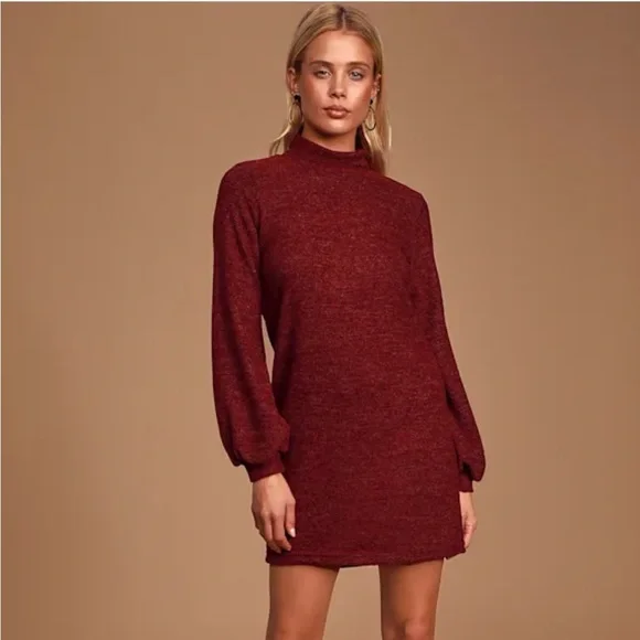 In the Limelight Heathered Burgundy Mock Neck Sweater Dress - Picture 1 of 3
